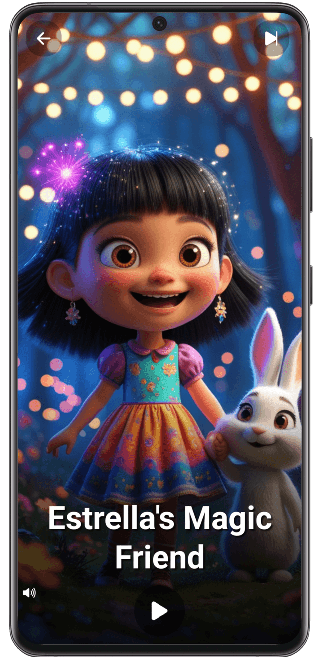Estrella's Magic Friend - A joyful young girl with her magical rabbit companion surrounded by sparkling lights, representing the wonder and magic of personalized storytelling